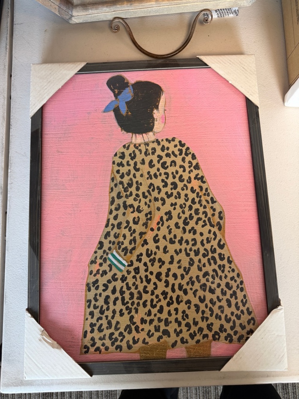 Framed Pink Wall Art: Girl in Leopard Coat